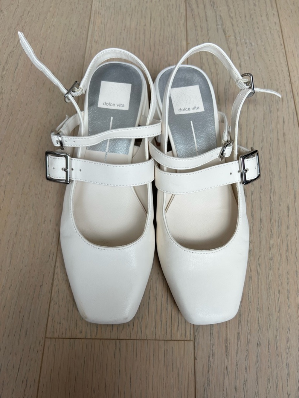 Dolce Vita White Leather Mary Jane Slingback Flats with Buckle Straps